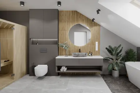 Nowoczesna łazienka z minimalistycznym designem, drewnianymi elementami i roślinami.