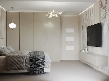 Wnętrze sypialni w stylu minimalistycznym z jasnymi meblami i nowoczesnymi akcentami.