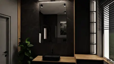 Wnętrze łazienki z ciemnymi płytkami i drewnem, styl industrialny i nowoczesny.