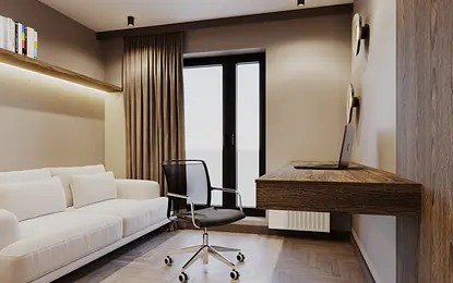 Nowoczesny gabinet z białą sofą i drewnianym biurkiem, minimalistyczny design.
