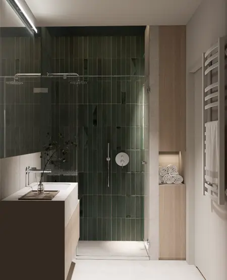 Nowoczesna łazienka z zielonymi płytkami, drewnem, dopamine decor, japandi, minimalistyczny, soft minimalizm.