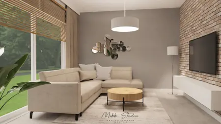 Nowoczesny salon z beżową sofą, drewnianym stolikiem i dużymi oknami.