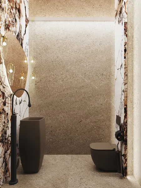 Nowoczesna toaleta z minimalistycznym designem, jasnymi ścianami i eleganckimi detalami.