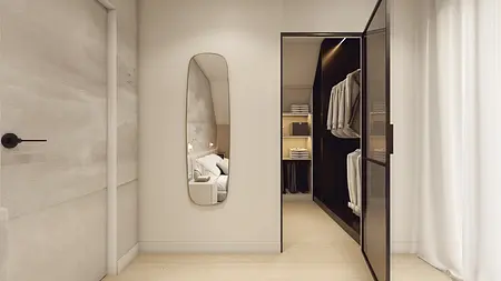 Garderoba w stylu japandi i minimalistycznym z lustrami i białymi meblami.