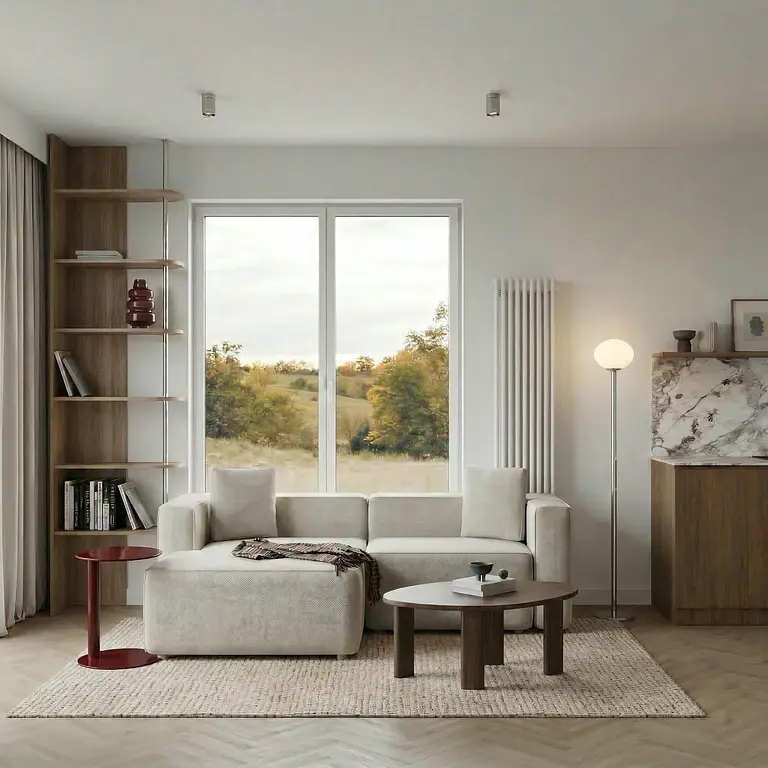 Wnętrze salonu w stylu eklektycznym z minimalistycznymi meblami i nowoczesnymi akcentami.