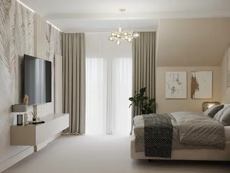 Wnętrze sypialni z minimalistycznym designem, nowoczesne meble, jasne kolory.