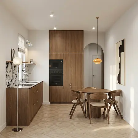 Wnętrze kuchni w stylu eklektycznym z drewnianymi meblami, minimalistycznymi akcentami.