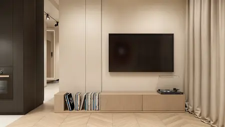 Wnętrze z nowoczesnymi i japandi meblami, drewnianą podłogą, telewizorem i zasłonami.