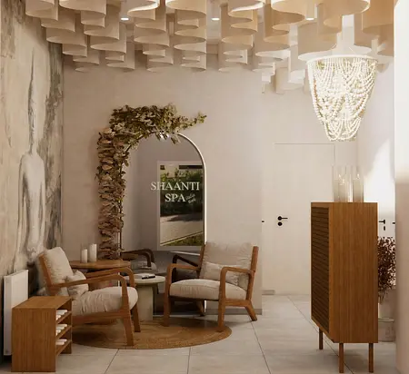Wnętrze recepcji SPA w stylu boho, japandi i skandynawskim z drewnianymi akcentami.