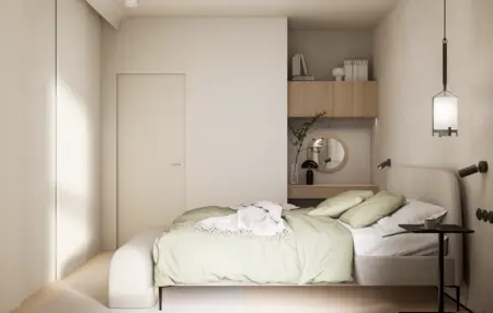 Sypialnia z elementami dopamine decor, japandi, minimalistycznym i soft minimalizmem.