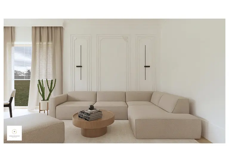 Wnętrze salonu z beżową sofą, oknem i rośliną, minimalistyczny i nowoczesny design.