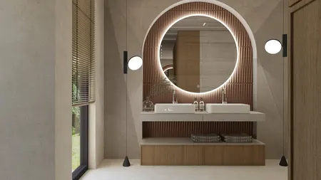 Nowoczesna łazienka boho-japandi z drewnianymi akcentami i minimalistycznym designem.