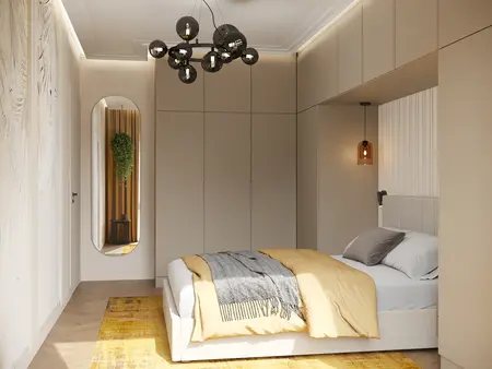 Sypialnia w stylu minimalistycznym z beżowymi meblami i elementami soft minimalizmu.