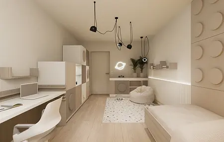 Minimalistyczny pokój z biurkiem, oświetleniem LED i roślinami.