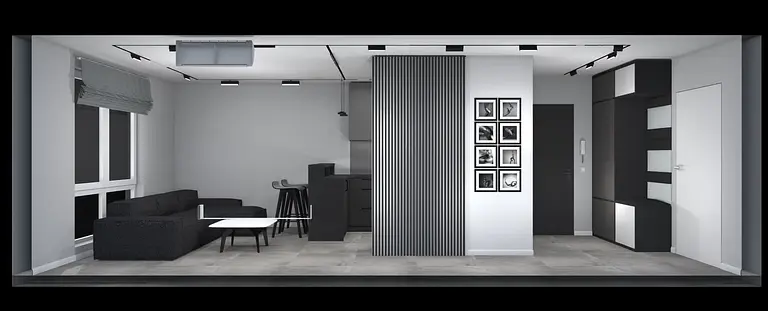 Wnętrze salonu z czarną sofą, szarymi ścianami i nowoczesnymi elementami art deco i minimalistycznymi.