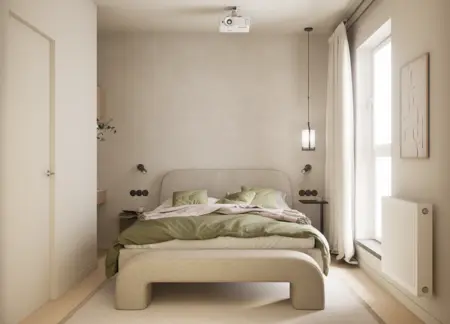 Wnętrze sypialni w stylu dopamine decor, japandi, minimalistycznym, soft minimalizm z zielonymi detalami.