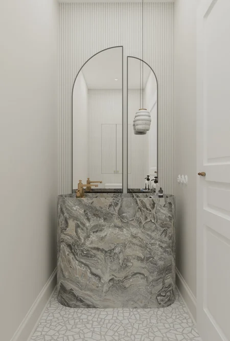 Wnętrze łazienki w stylu art deco, minimaluxe i quiet luxury z marmurową umywalką.