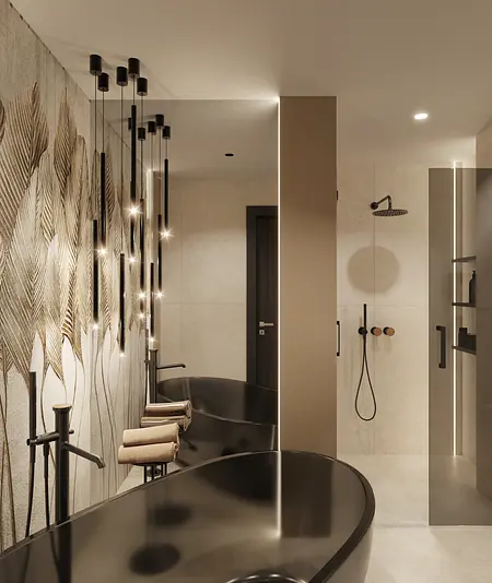 Nowoczesna łazienka w stylu art deco z czarną wanną i glamour oświetleniem.