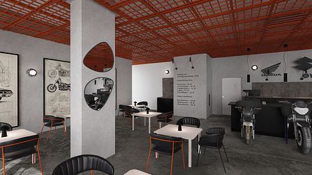 Kawiarnia z eklektycznym wystrojem, dopamina decor, minimalistyczne meble i współczesne akcenty.