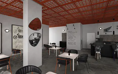 Kawiarnia z eklektycznym wystrojem, dopamina decor, minimalistyczne meble i współczesne akcenty.