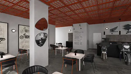 Kawiarnia z eklektycznym wystrojem, dopamina decor, minimalistyczne meble i współczesne akcenty.