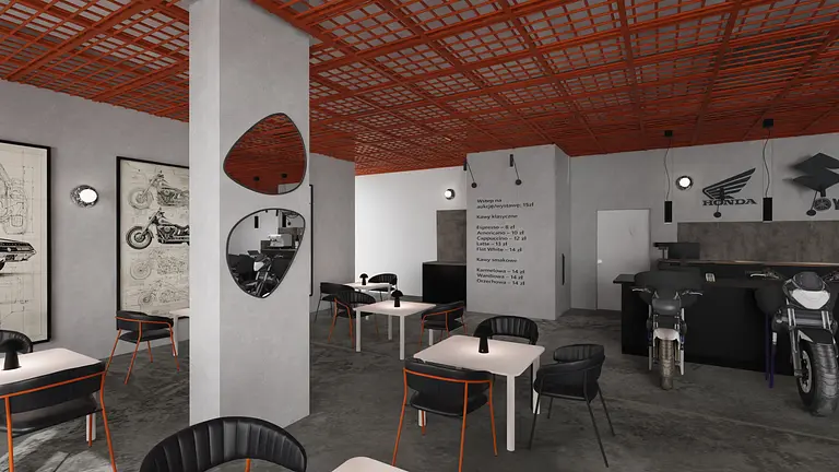 Kawiarnia z eklektycznym wystrojem, dopamina decor, minimalistyczne meble i współczesne akcenty.