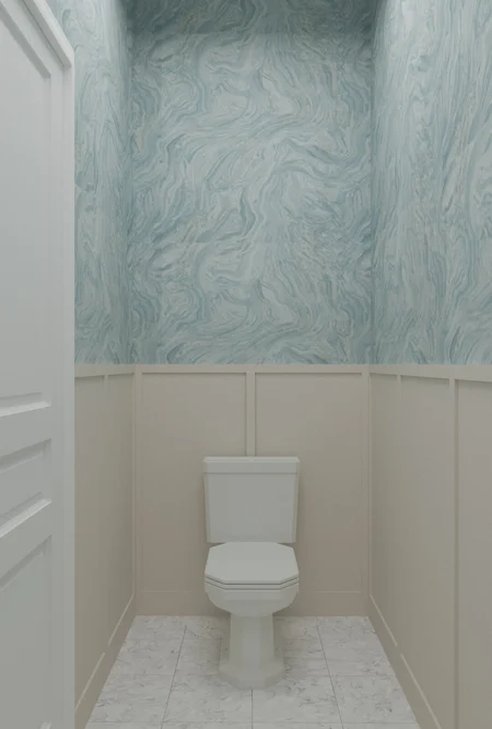 Toaleta z niebieską ścianą, białym WC, styl art deco, minimaluxe, quiet luxury.