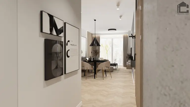 Wnętrze jadalni w stylu industrialnym i minimalistycznym z okrągłym stołem
