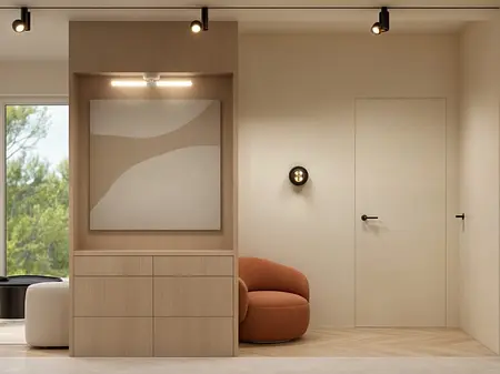 Nowoczesne wnętrze z meblami w stylu japandi, jasne kolory, eleganckie akcenty.