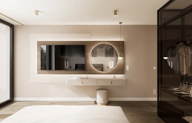Wnętrze sypialni z minimalistycznym biurkiem i lustrem, nowoczesny design.