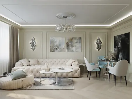Nowoczesny salon w stylu glamour z jasnymi meblami i dekoracjami.