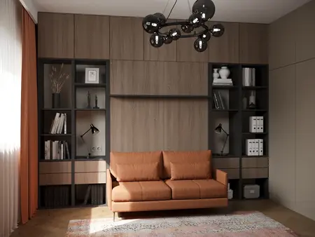 Wnętrze salonu w stylu minimalistycznym z brązową sofą i drewnianymi elementami.
