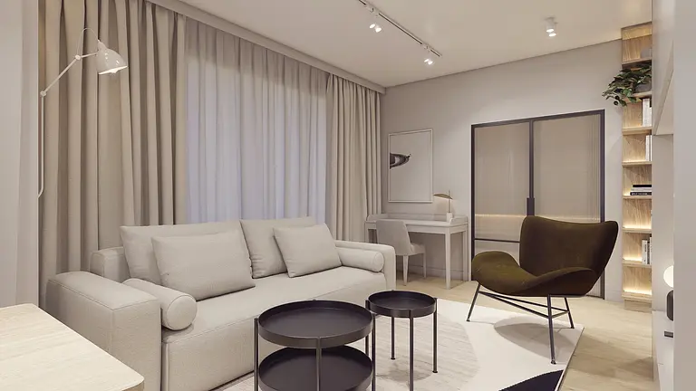 Wnętrze salonu z eklektycznym i nowoczesnym designem, beżowa sofa, czarne stoliki.