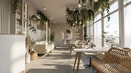 Wnętrze jadalni w stylu boho z roślinami i drewnem.