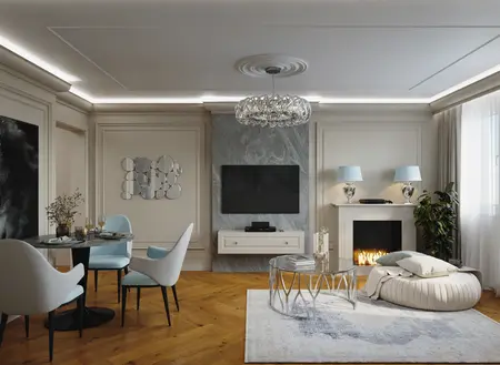 Wnętrze salonu glamour z jasnymi meblami i eleganckimi akcentami.