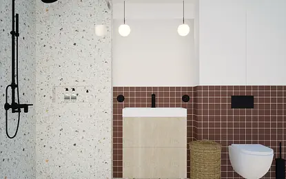 Nowoczesna łazienka eklektyczna z brązowymi kaflami, industrialnymi akcentami i vintage elementami.