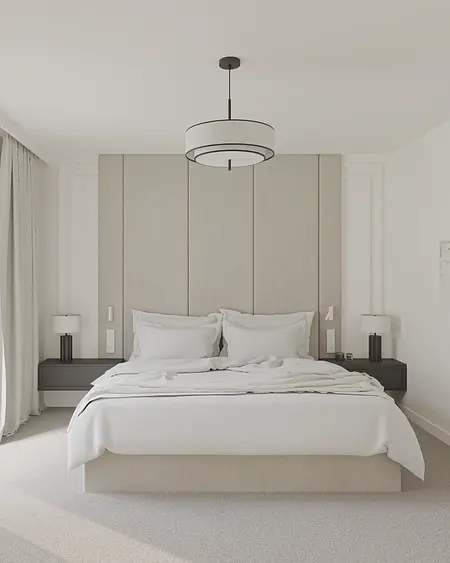 Sypialnia z minimalistycznym designem, jasnymi kolorami i nowoczesnym oświetleniem.