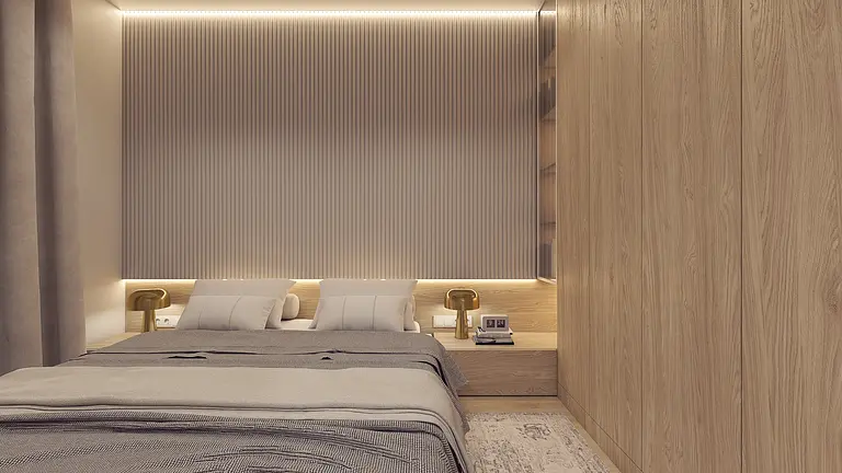 Sypialnia z drewnianą zabudową i nowoczesnymi detalami, styl eklektyczny
