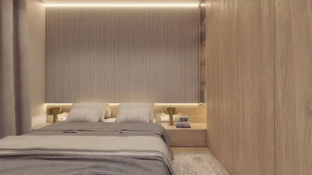 Sypialnia z drewnianą zabudową i nowoczesnymi detalami, styl eklektyczny