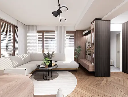 Wnętrze salonu z jasną sofą, drewnianymi meblami, roślinami, styl art deco, boho, minimaluxe.