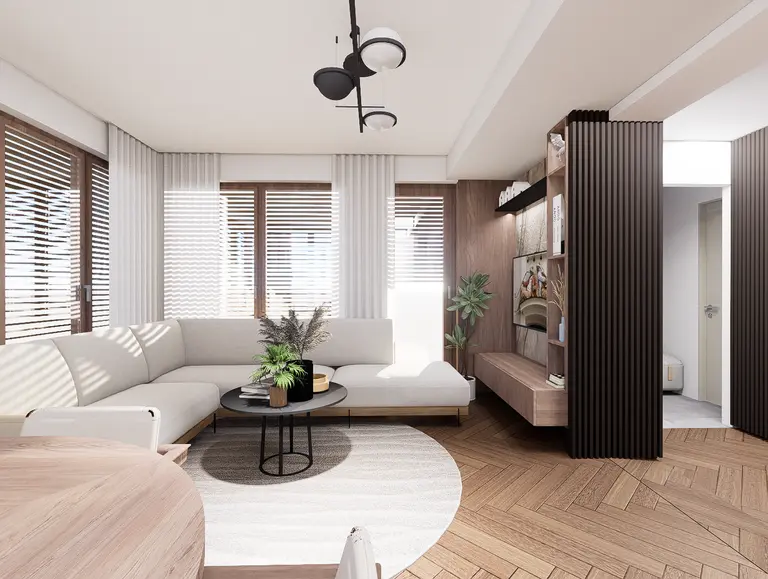 Wnętrze salonu z jasną sofą, drewnianymi meblami, roślinami, styl art deco, boho, minimaluxe.