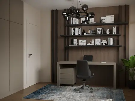 Wnętrze gabinetu z minimalistycznym biurkiem i półkami, styl współczesny.