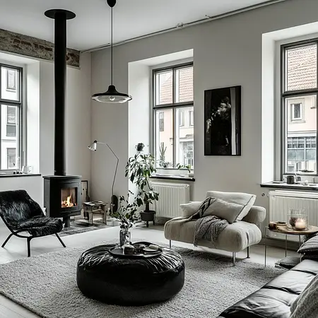 Stylowy salon w stylu skandynawskim z kominkiem, dużymi oknami, jasnymi ścianami, wygodnym fotelem, rośliną i przytulnym dywanem