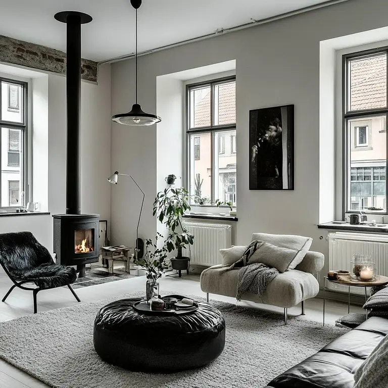 Stylowy salon w stylu skandynawskim z kominkiem, dużymi oknami, jasnymi ścianami, wygodnym fotelem, rośliną i przytulnym dywanem