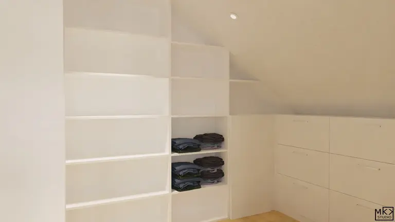 Garderoba z białymi półkami i szufladami, nowoczesny design, przechowywanie ubrań.