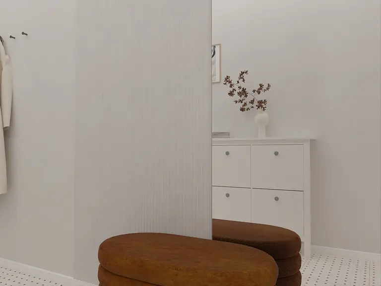 Minimalistyczne wnętrze z brązowymi siedziskami i białą komodą, styl vintage i współczesny.
