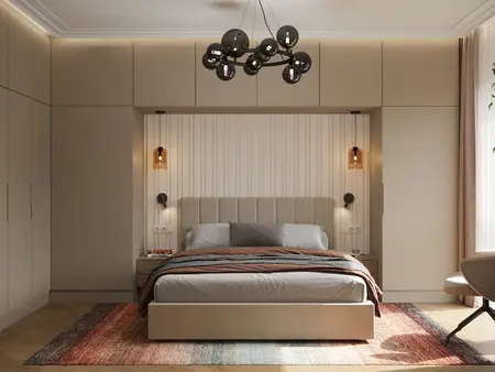 Sypialnia w stylu minimalistycznym z beżowym łóżkiem, lampami i drewnianymi detalami.
