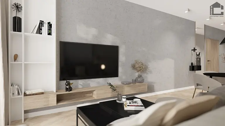 Salon z industrialnym i minimalistycznym designem, szare ściany, drewniane meble