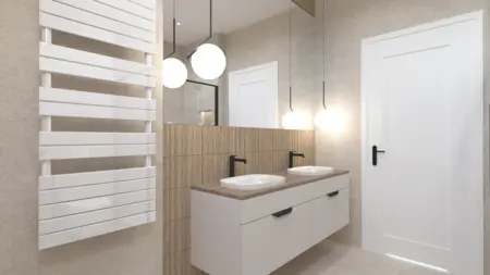 Wnętrze łazienki z białymi meblami, drewnianymi detalami, boho i minimalistycznym stylem.