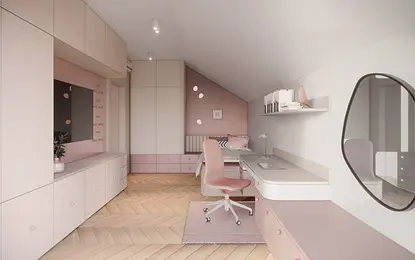 Wnętrze pokoju z różowymi meblami, drewnianą podłogą i minimalistycznymi detalami w stylu japandi.